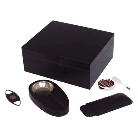50 Stick Black Humidor Gift Set With Leather Case Ashtray & Cutter