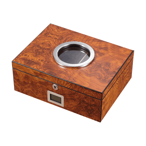 50Ct Humidor Burl Veneer With Round Glass Window, Matt Finish Silver Hinges