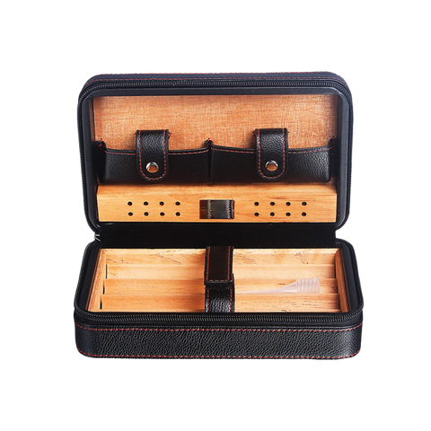 Cohiba Styled 4 Stick Black Travel Humidor Set With Cutter and Lighter