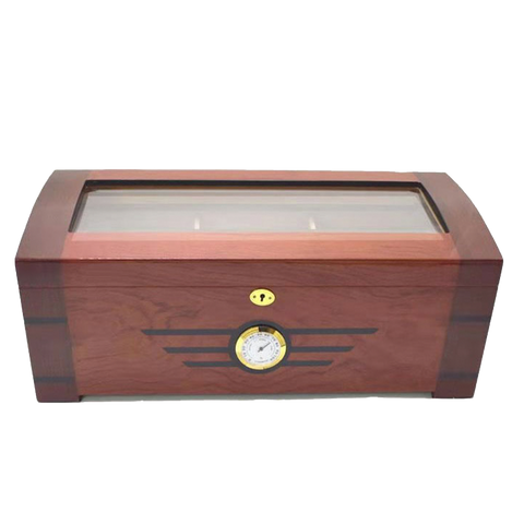 200 Stick Cherry Glass Top Humidor With Rounded Top, Black Strip Wood Inlay Front