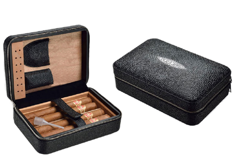 Shiny Black 4 Stick Travel Humidor Set With Cutter and Lighter